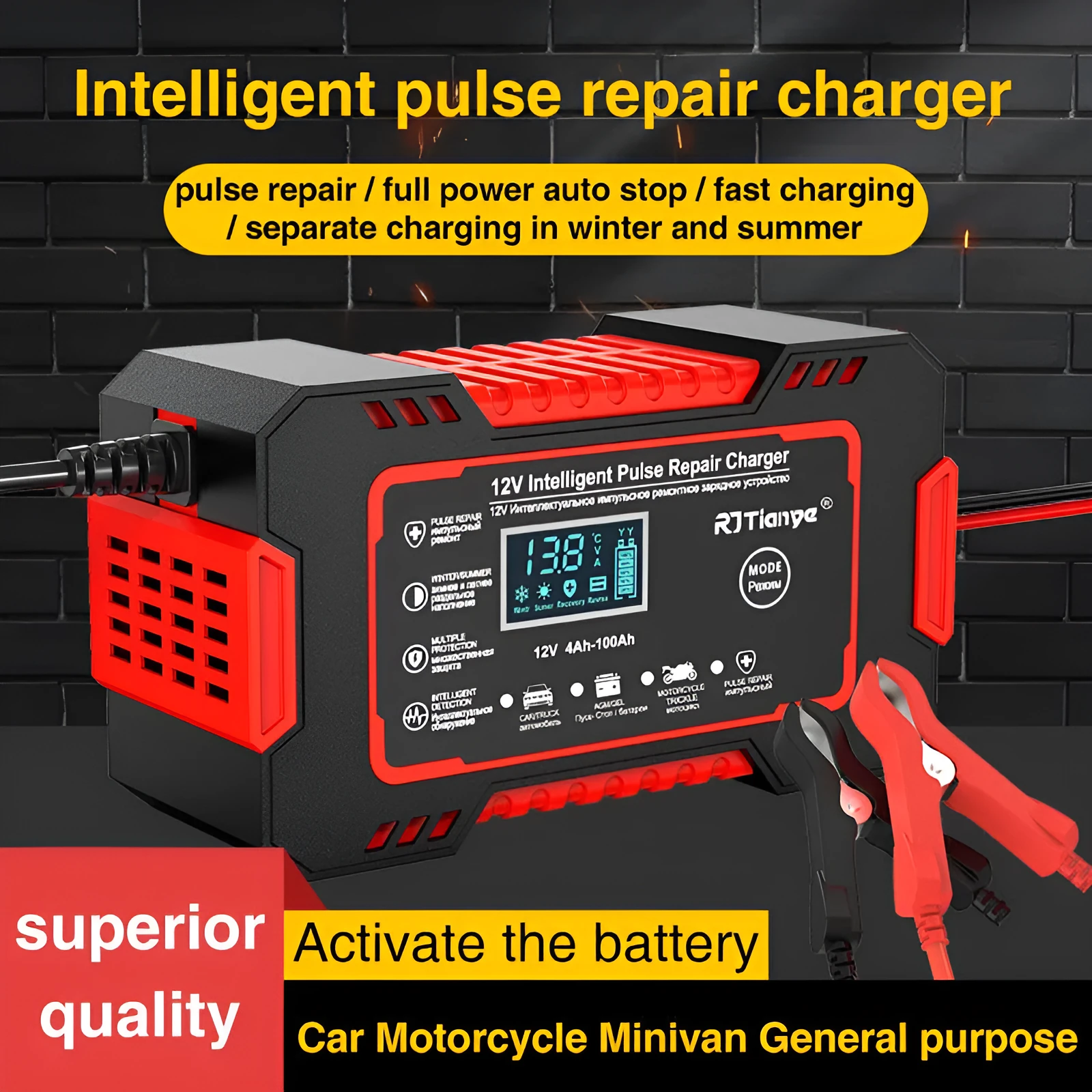 Car battery charger for lead acid batteries red US standard reverse connection protection on-screen display