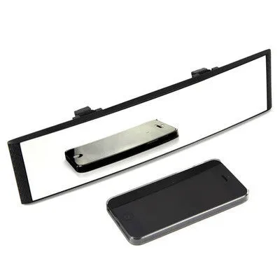 White wide-angle curved rearview mirror 300mm x 75mm with anti-glare surface and ABS frame for car surface mount