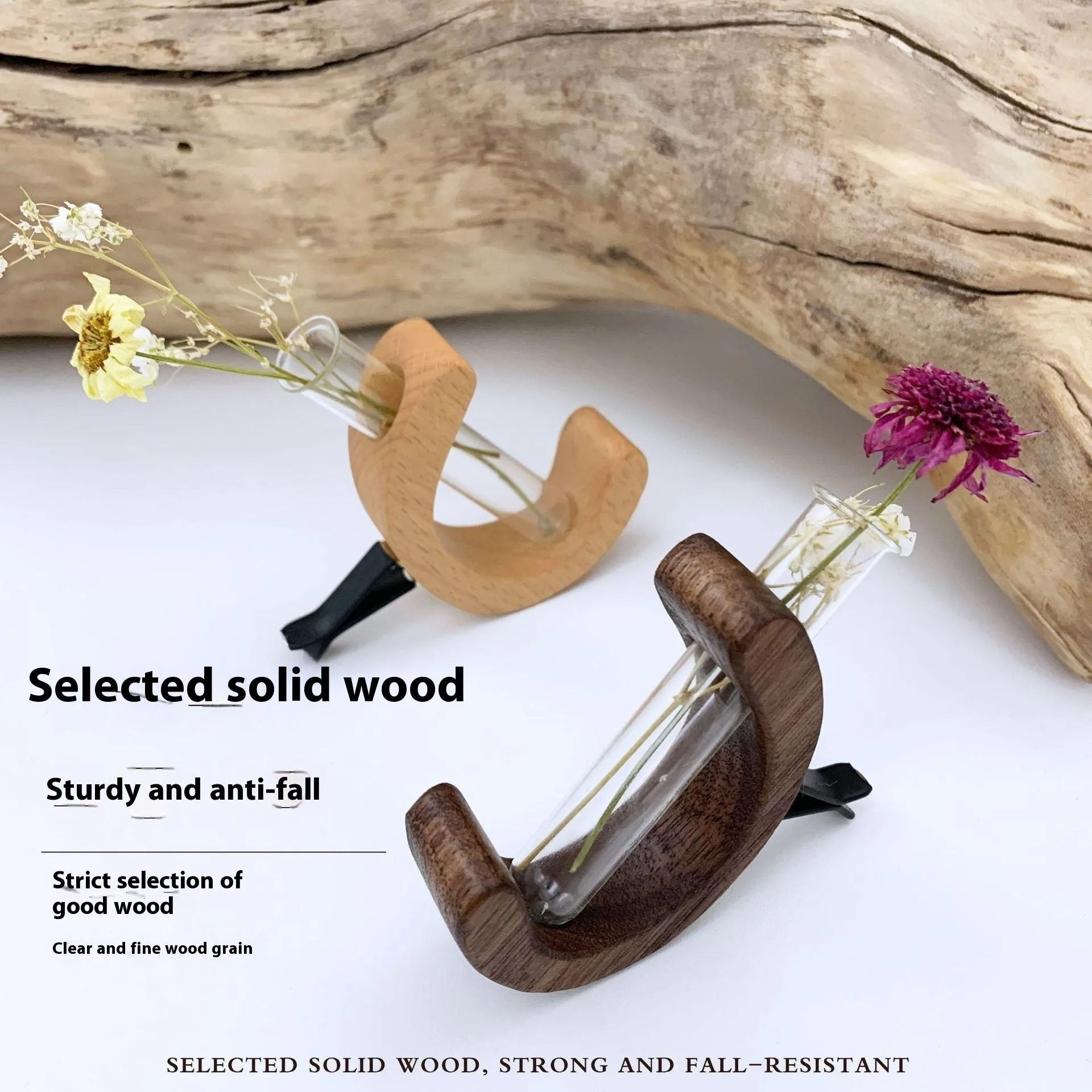 Wooden C-shaped car flower container in Beech finish on a car air vent