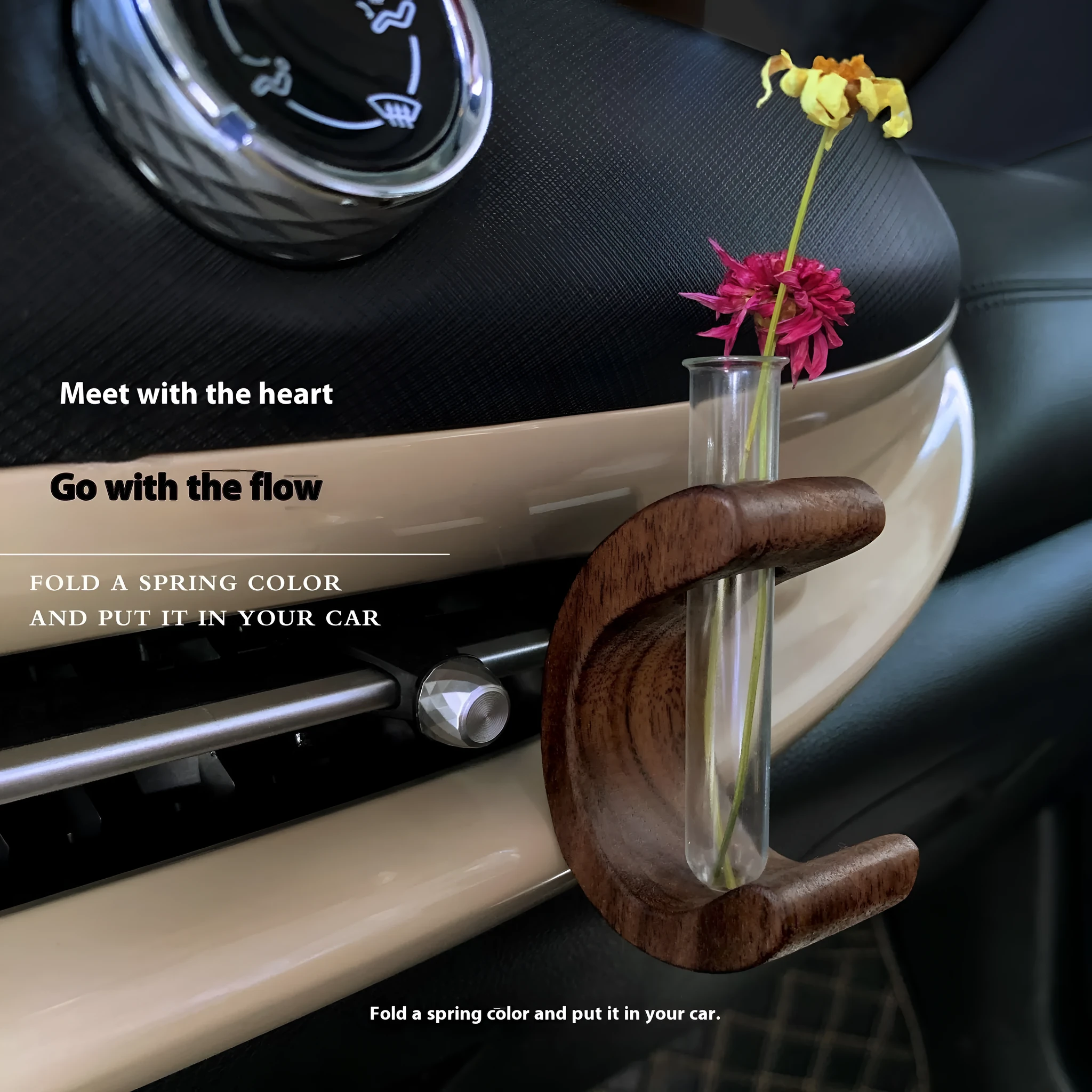 Wooden C-shaped car flower container in Beech finish on a car air vent