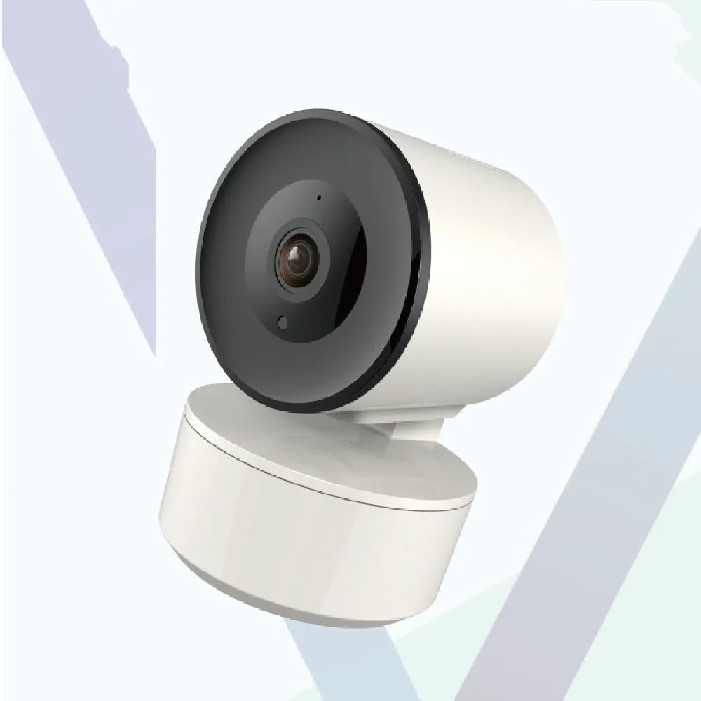 White indoor dome security camera with pan-tilt base on a desktop, showing 355-degree rotation range.