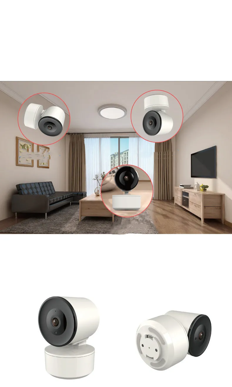White indoor dome security camera with pan-tilt base on a desktop, showing 355-degree rotation range.