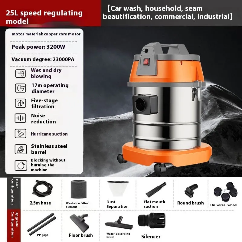 High-power 25L wet dry vacuum cleaner with 1200W motor, 4 suction heads, and mechanical controls on a floor.