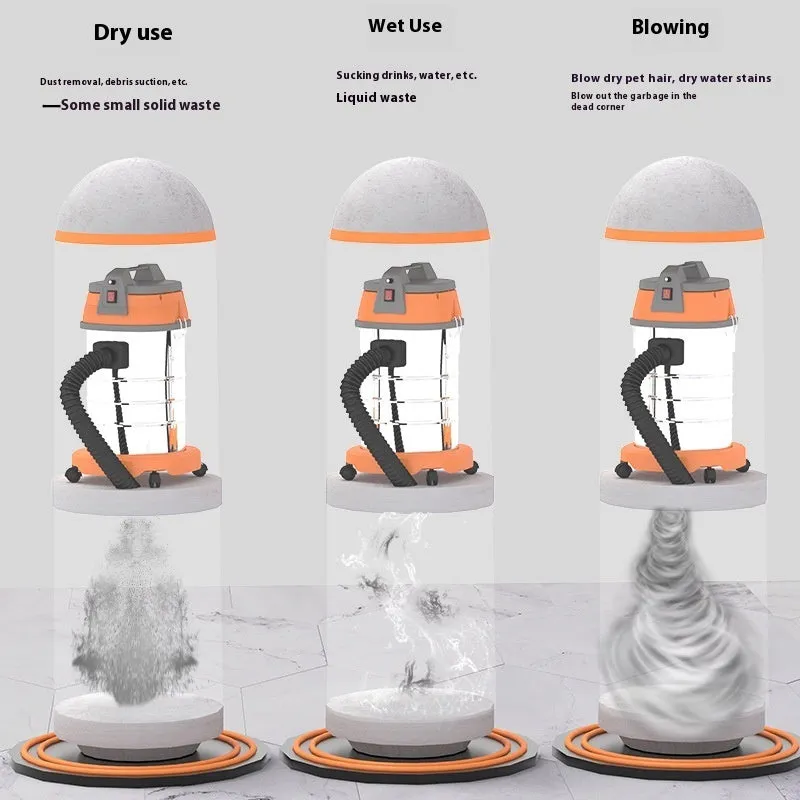 High-power 25L wet dry vacuum cleaner with 1200W motor, 4 suction heads, and mechanical controls on a floor.