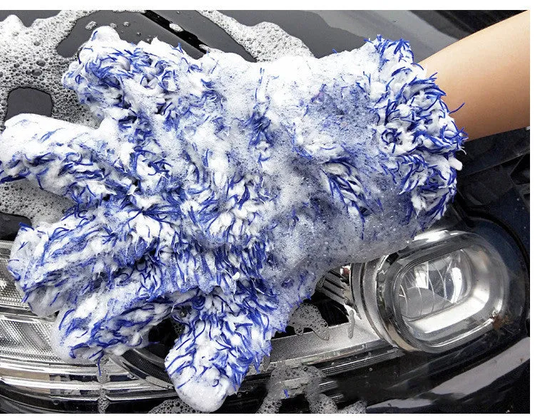 Blue gray fiber plush car washing gloves size 30x27.5 cm