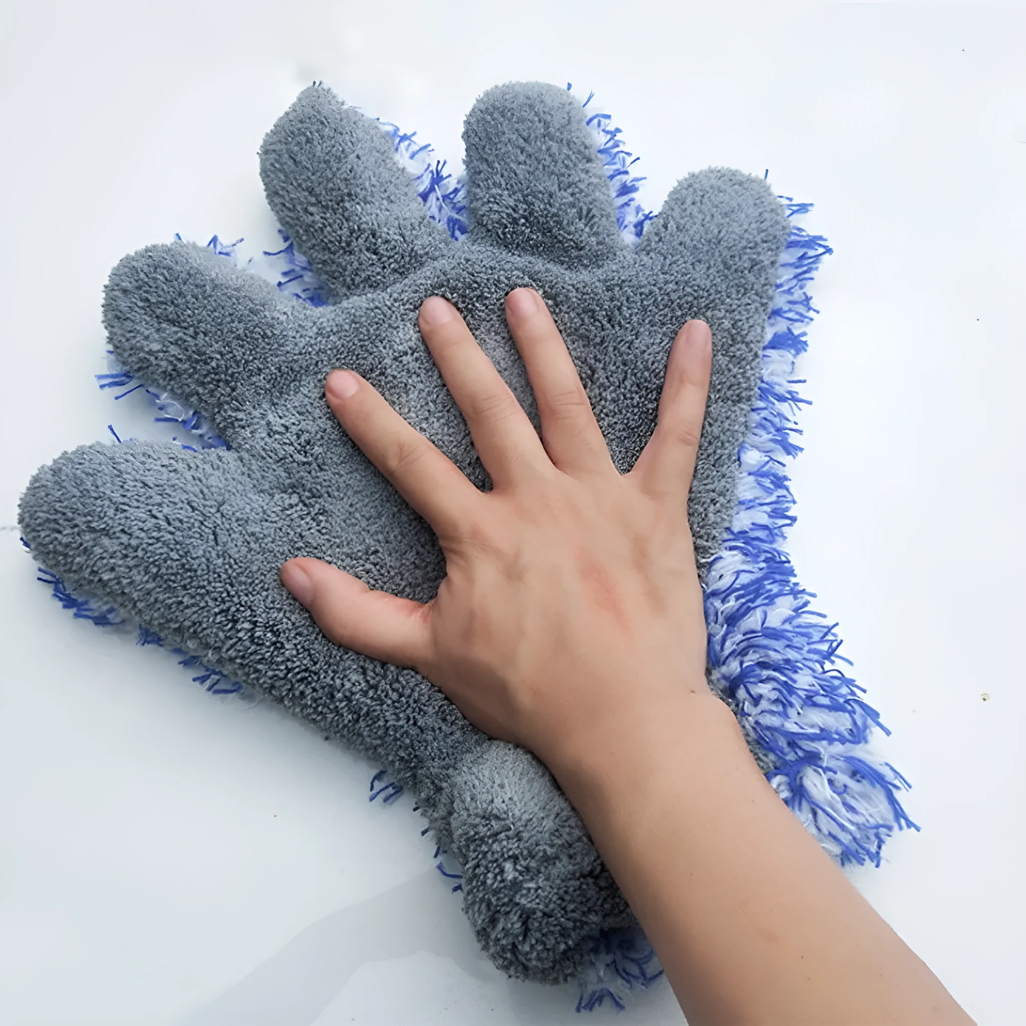 Blue gray fiber plush car washing gloves size 30x27.5 cm