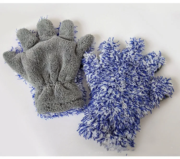 Blue gray fiber plush car washing gloves size 30x27.5 cm