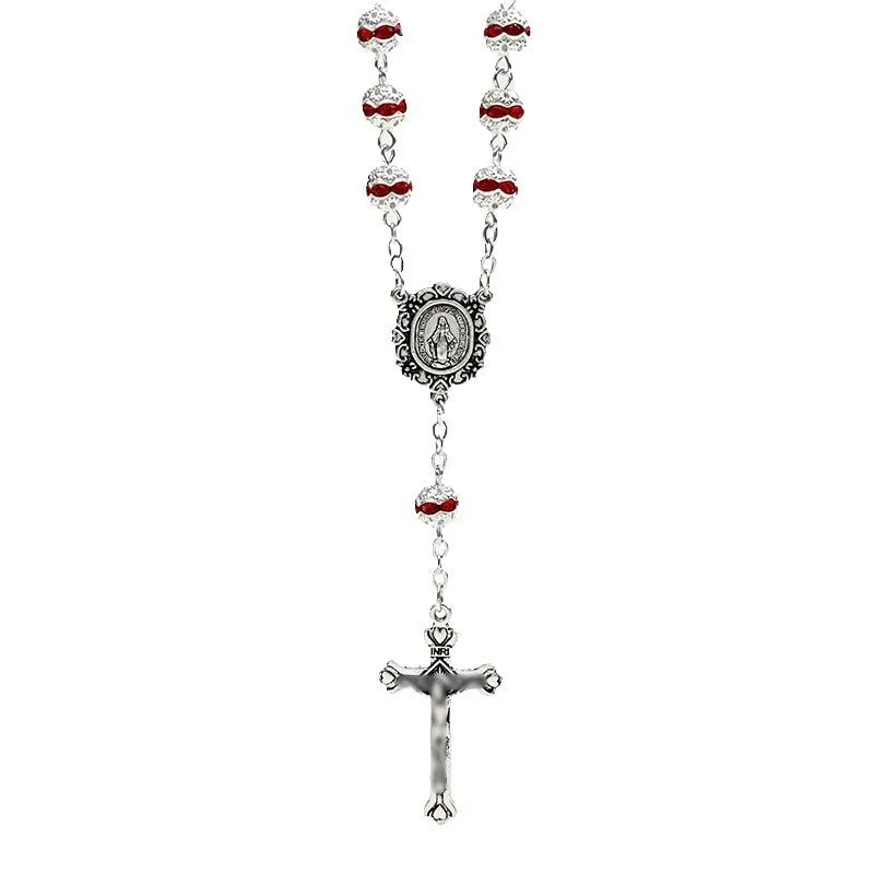 Virgin Mary cross shaped glass and alloy car hanging ornament with ball bead chain