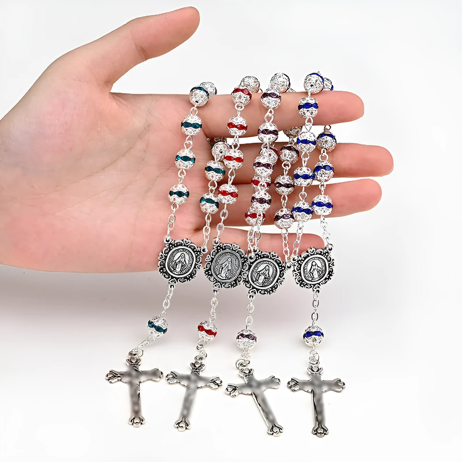 Virgin Mary cross shaped glass and alloy car hanging ornament with ball bead chain
