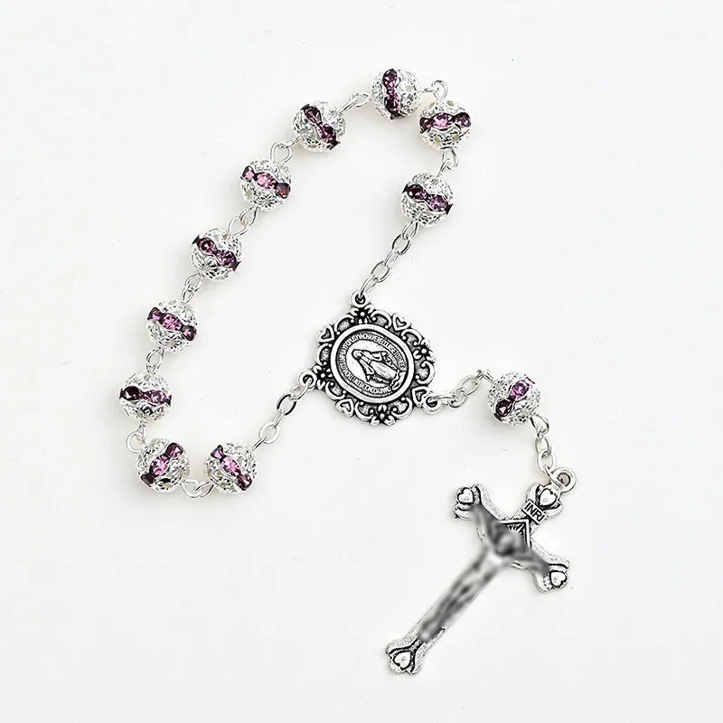 Virgin Mary cross shaped glass and alloy car hanging ornament with ball bead chain