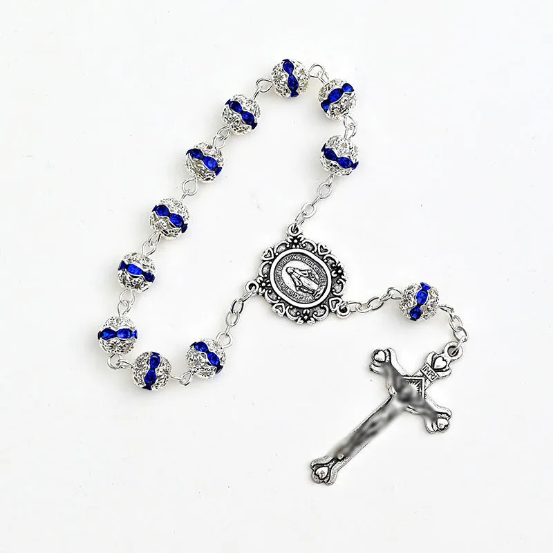 Virgin Mary cross shaped glass and alloy car hanging ornament with ball bead chain