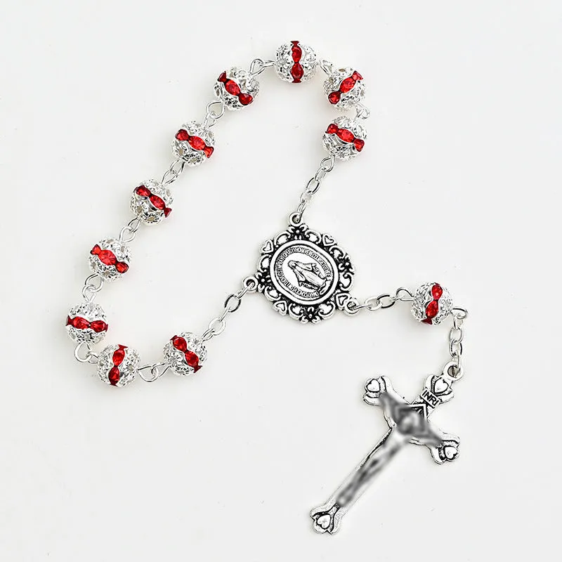 Virgin Mary cross shaped glass and alloy car hanging ornament with ball bead chain