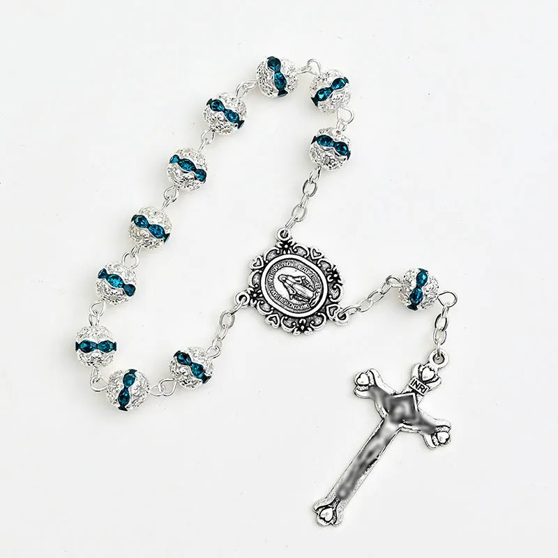 Virgin Mary cross shaped glass and alloy car hanging ornament with ball bead chain