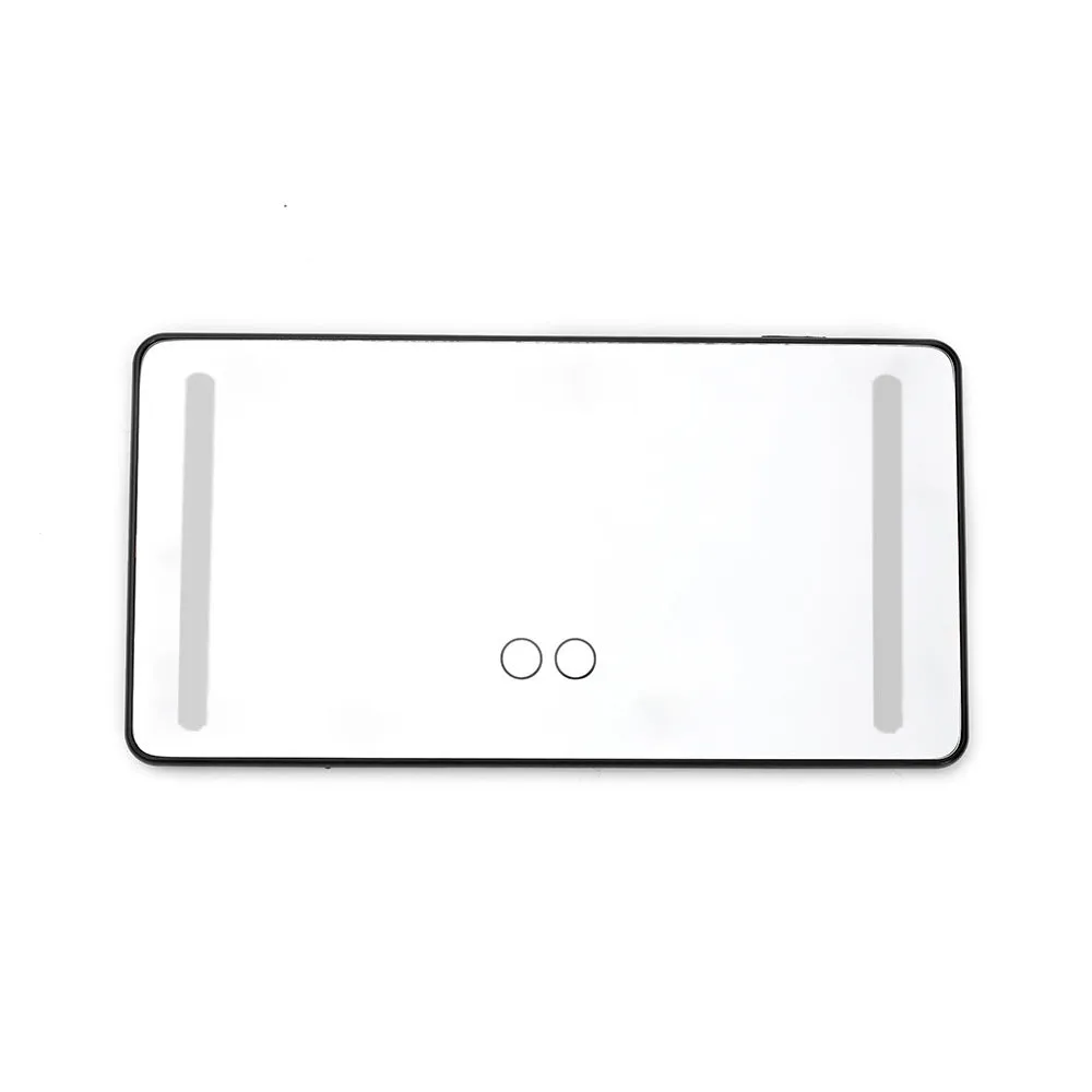 Car sun louver mirror with LED touch lamp clipped to sun visor, showing aluminium mirror and black light bars on four sides