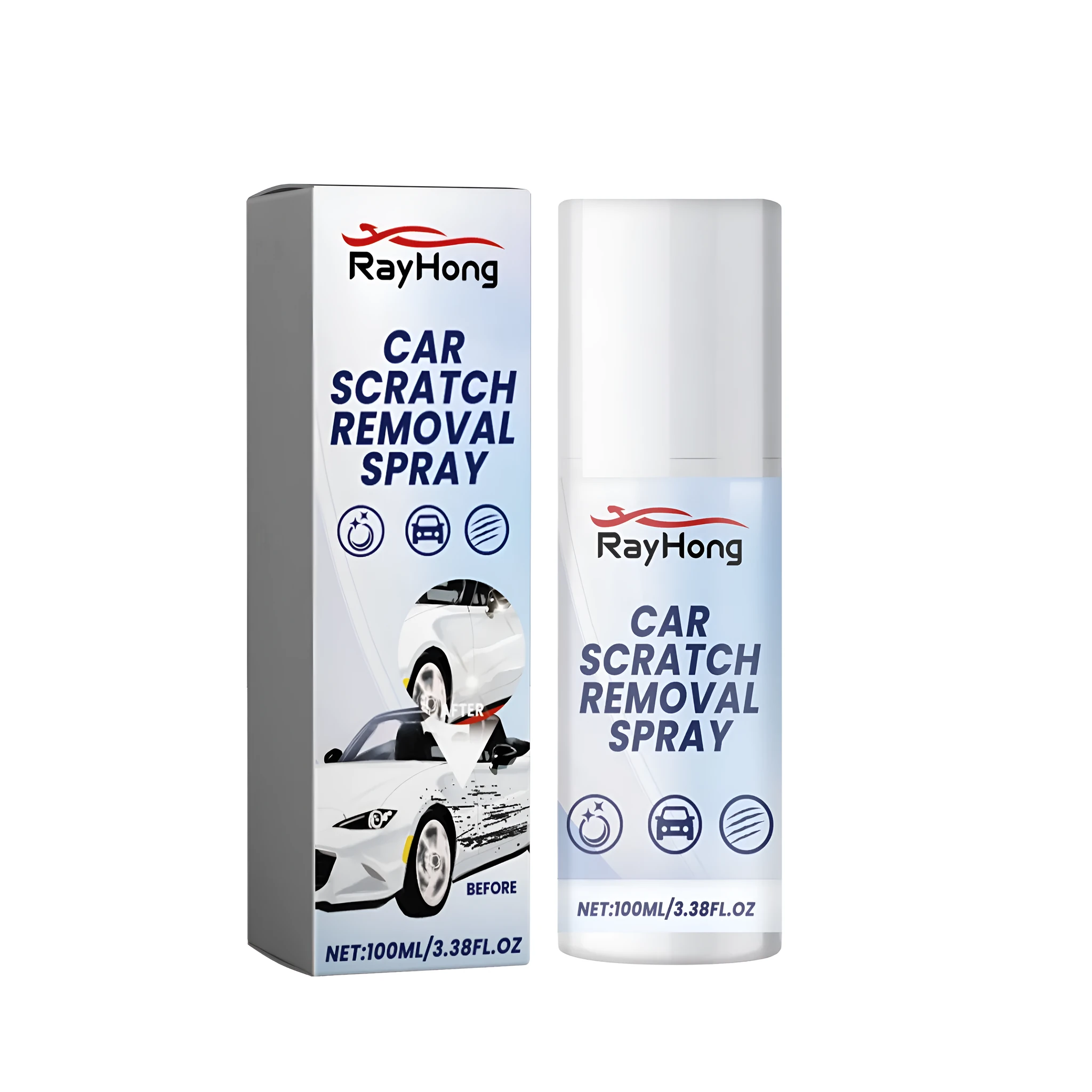 Car spray cleaner 100ml bottle with sodium bicarbonate formula, 3.8 x 14.5 cm size, on a car dashboard