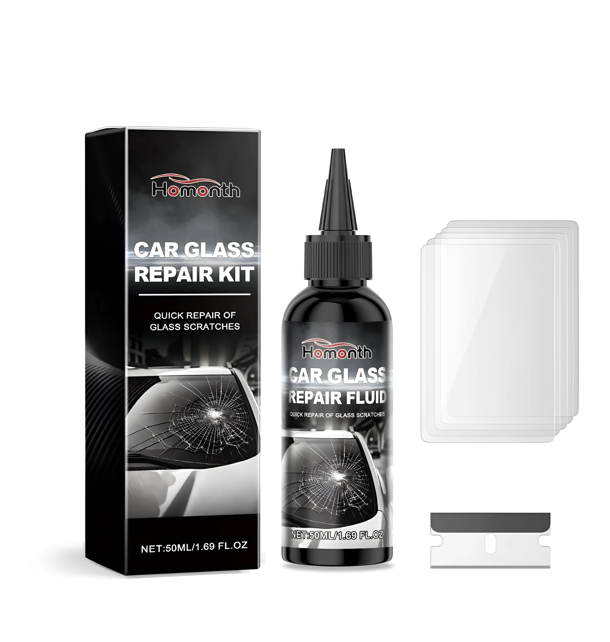 Car glass repair kit with 50ml resin bottle, metal blade, and cured films on a workbench