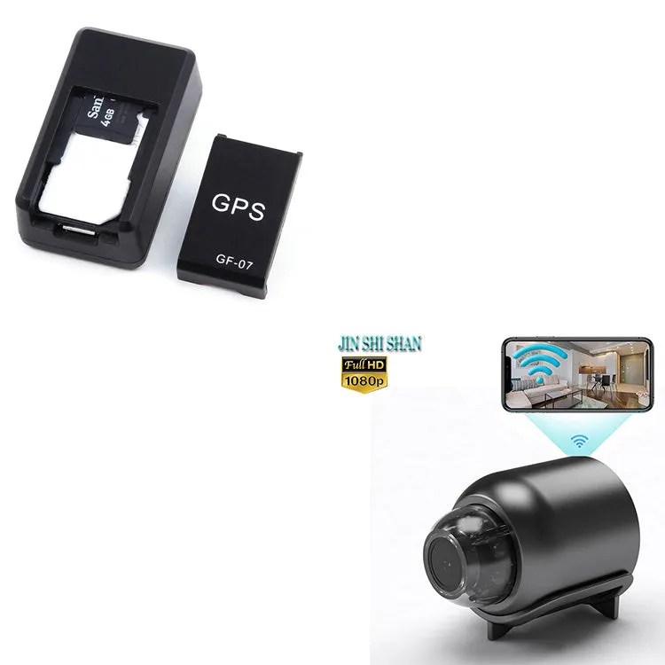 Small black magnetic GPS tracker device next to a USB charging cable.