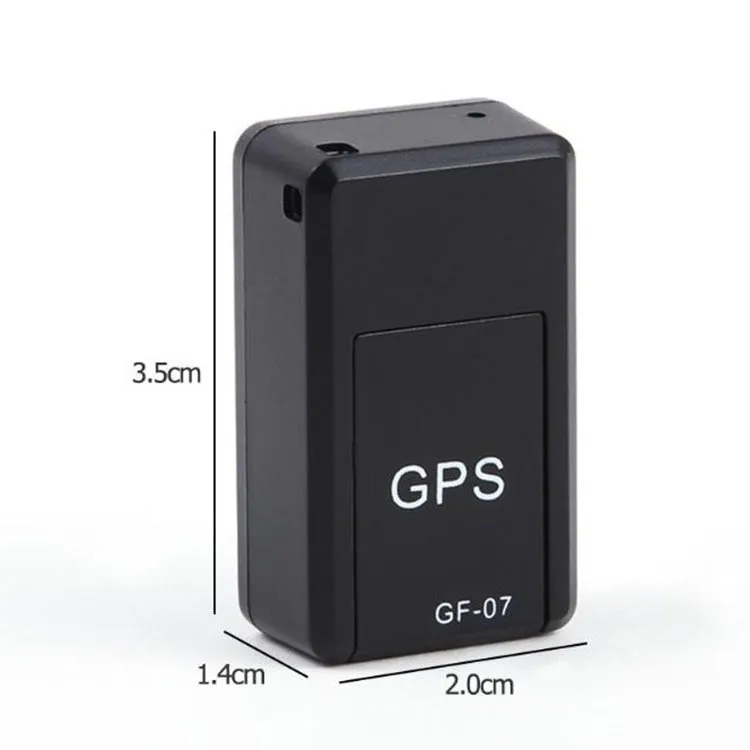 Small black magnetic GPS tracker device next to a USB charging cable.