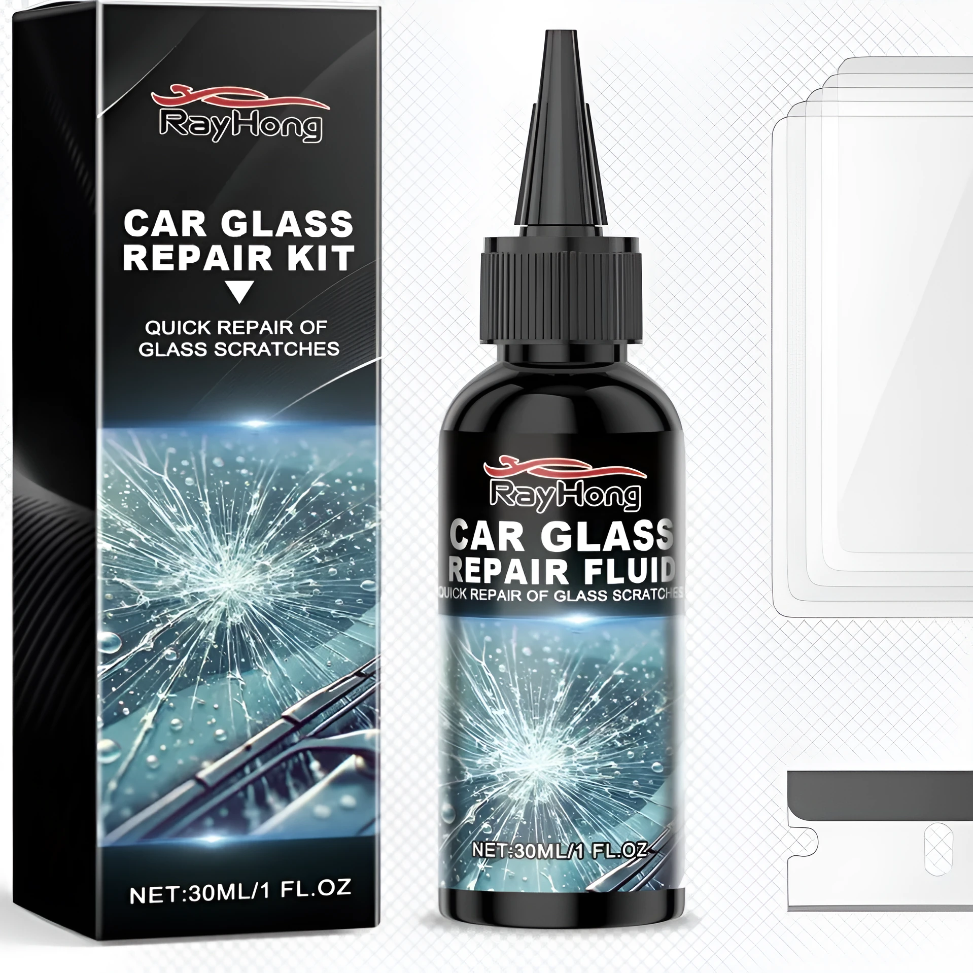Automobile front windshield nano repair liquid set with 30ML bottle, blade, and five curing films for glass repair