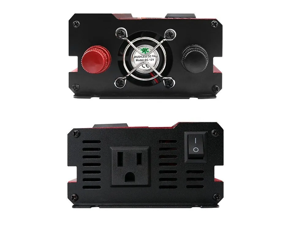 12V 24V to 110V 1200W on-board power inverter with LED display and air cooling, black, 26cm x 10cm x 5.5cm