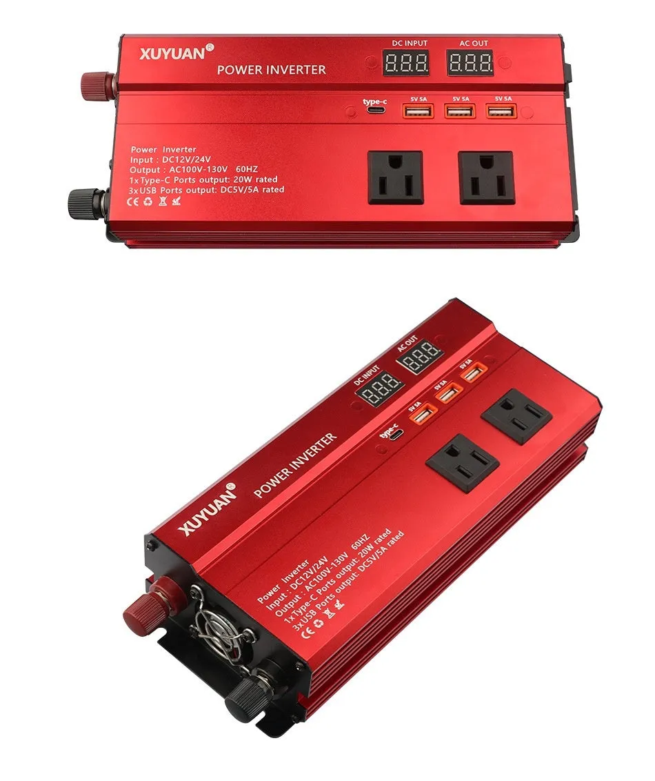 12V 24V to 110V 1200W on-board power inverter with LED display and air cooling, black, 26cm x 10cm x 5.5cm