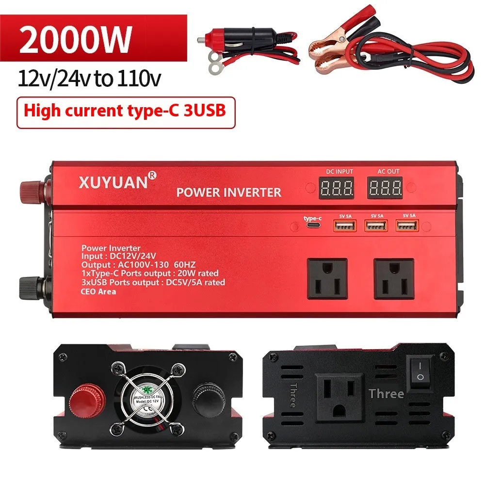 12V 24V to 110V 1200W on-board power inverter with LED display and air cooling, black, 26cm x 10cm x 5.5cm