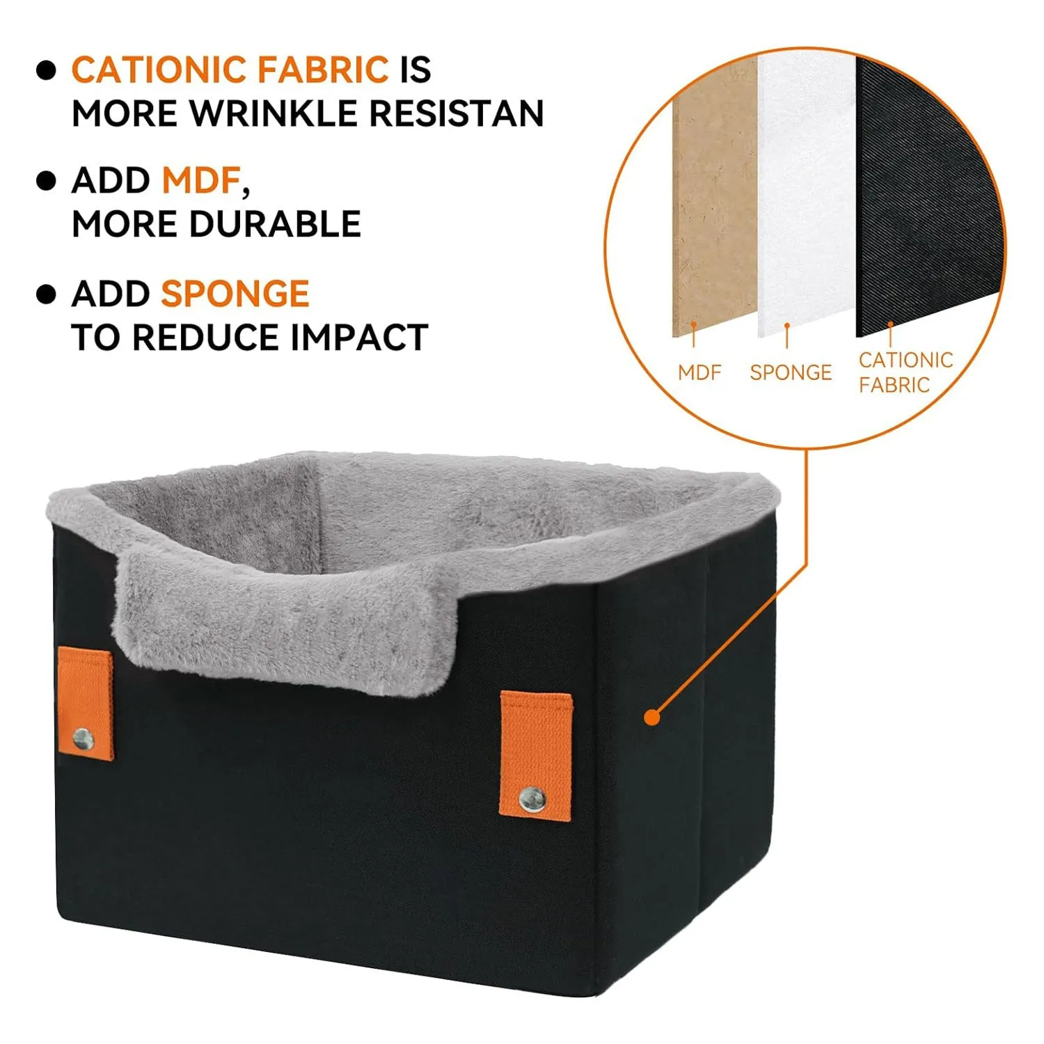 Small dog car seat in grey with safety buckle and fleece lining, measuring 40.6 x 33 x 28 cm