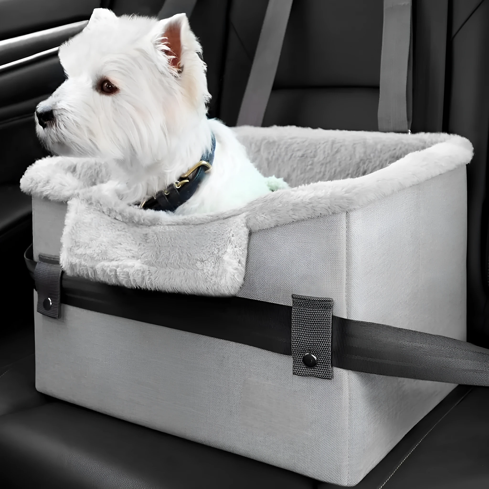 Small dog car seat in grey with safety buckle and fleece lining, measuring 40.6 x 33 x 28 cm
