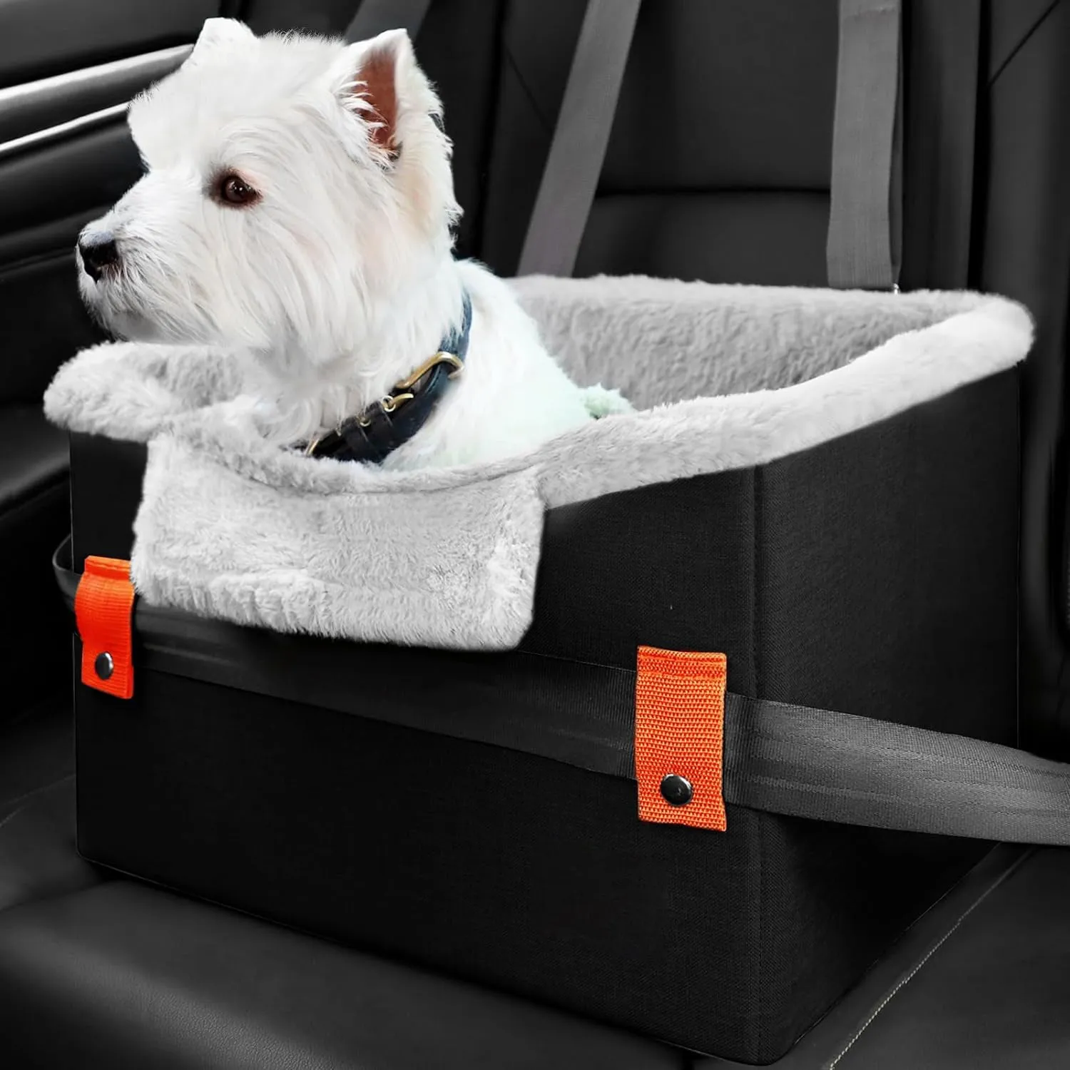 Small dog car seat in grey with safety buckle and fleece lining, measuring 40.6 x 33 x 28 cm