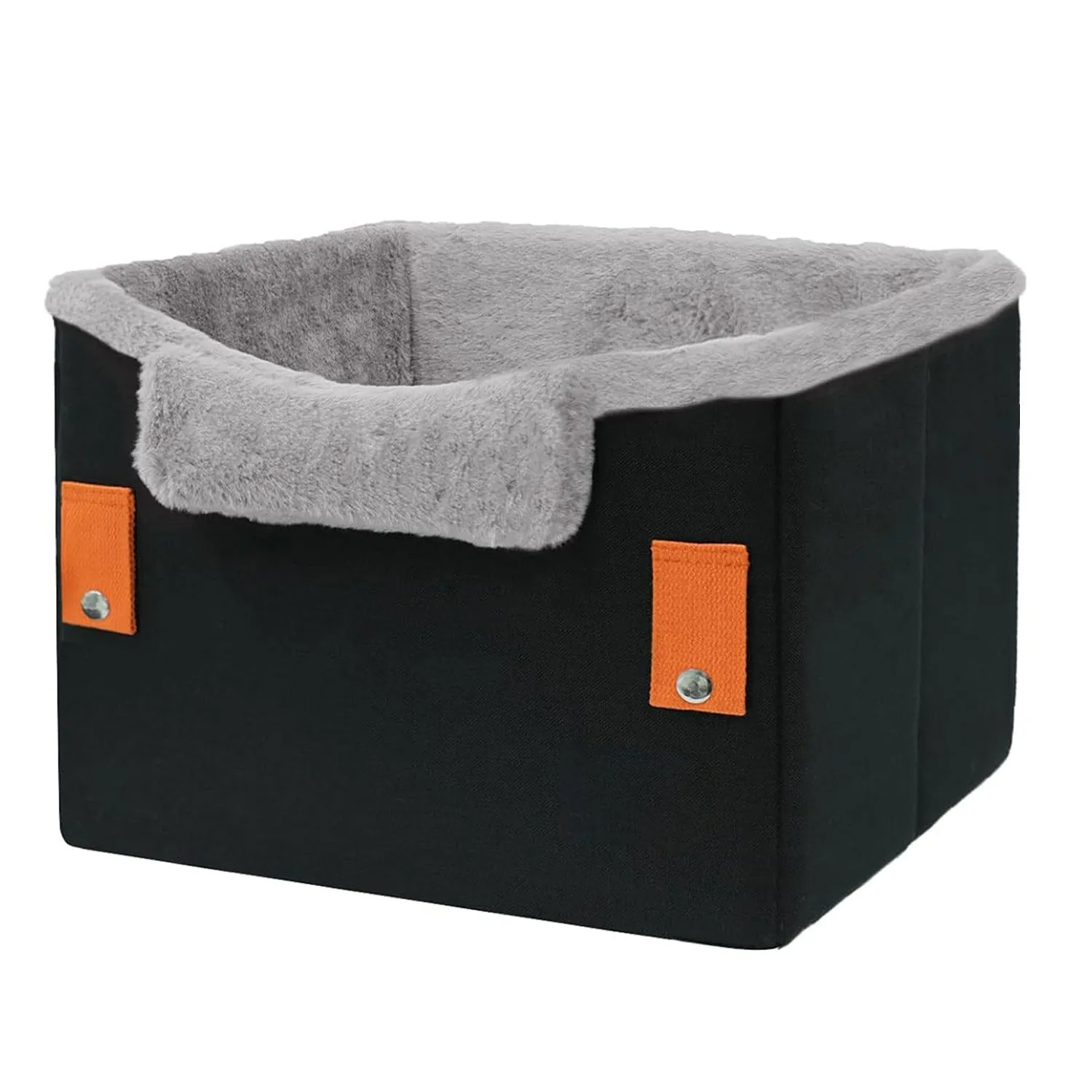 Small dog car seat in grey with safety buckle and fleece lining, measuring 40.6 x 33 x 28 cm
