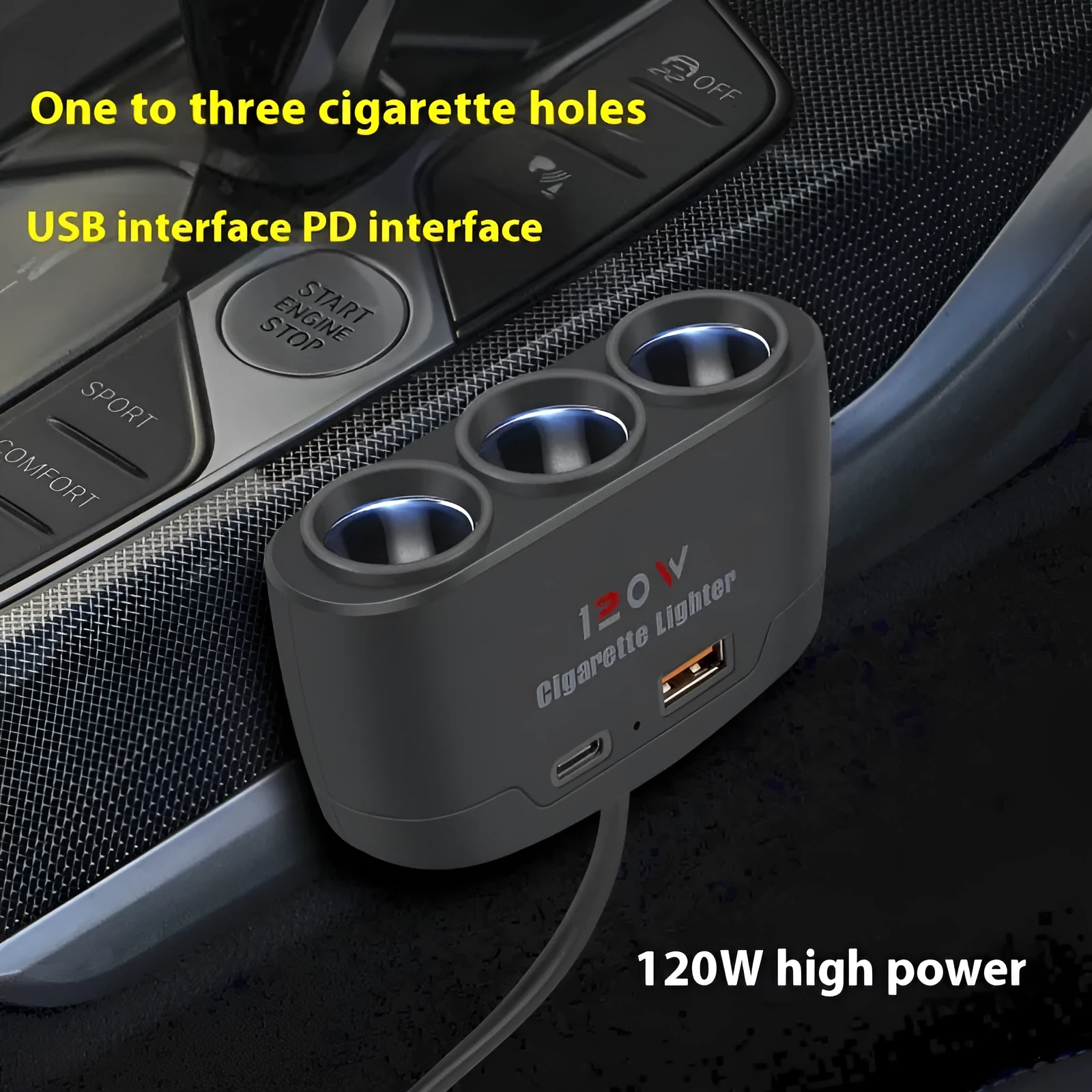 Multi-function car cigarette lighter adapter with USB Type-C PD fast charging ports for 12V24V vehicles