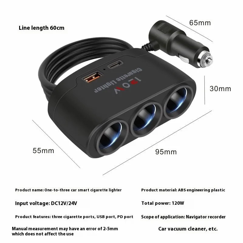 Multi-function car cigarette lighter adapter with USB Type-C PD fast charging ports for 12V24V vehicles