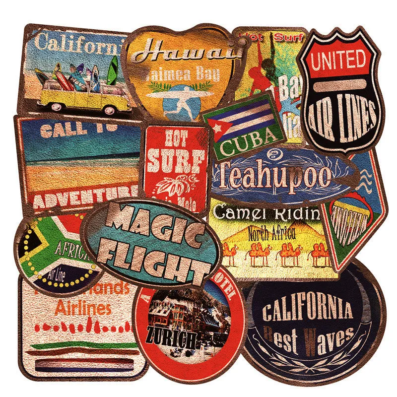 Set of 36 large retro-themed beach and surfing stickers with sizes from 6cm to 10cm on a matte PVC background.