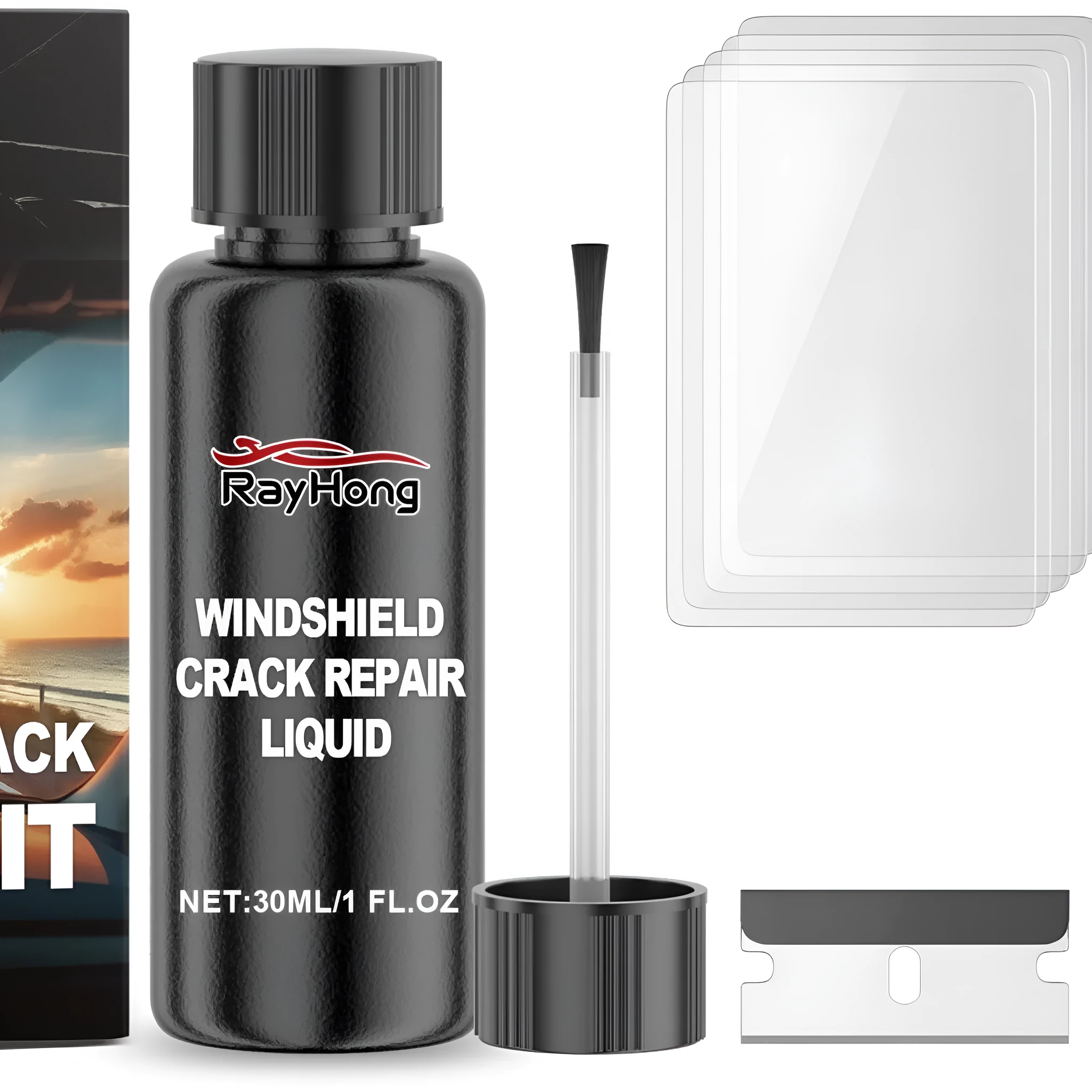 Automotive windshield repair fluid kit with 30ml bottle, blade, and curing films on a flat surface