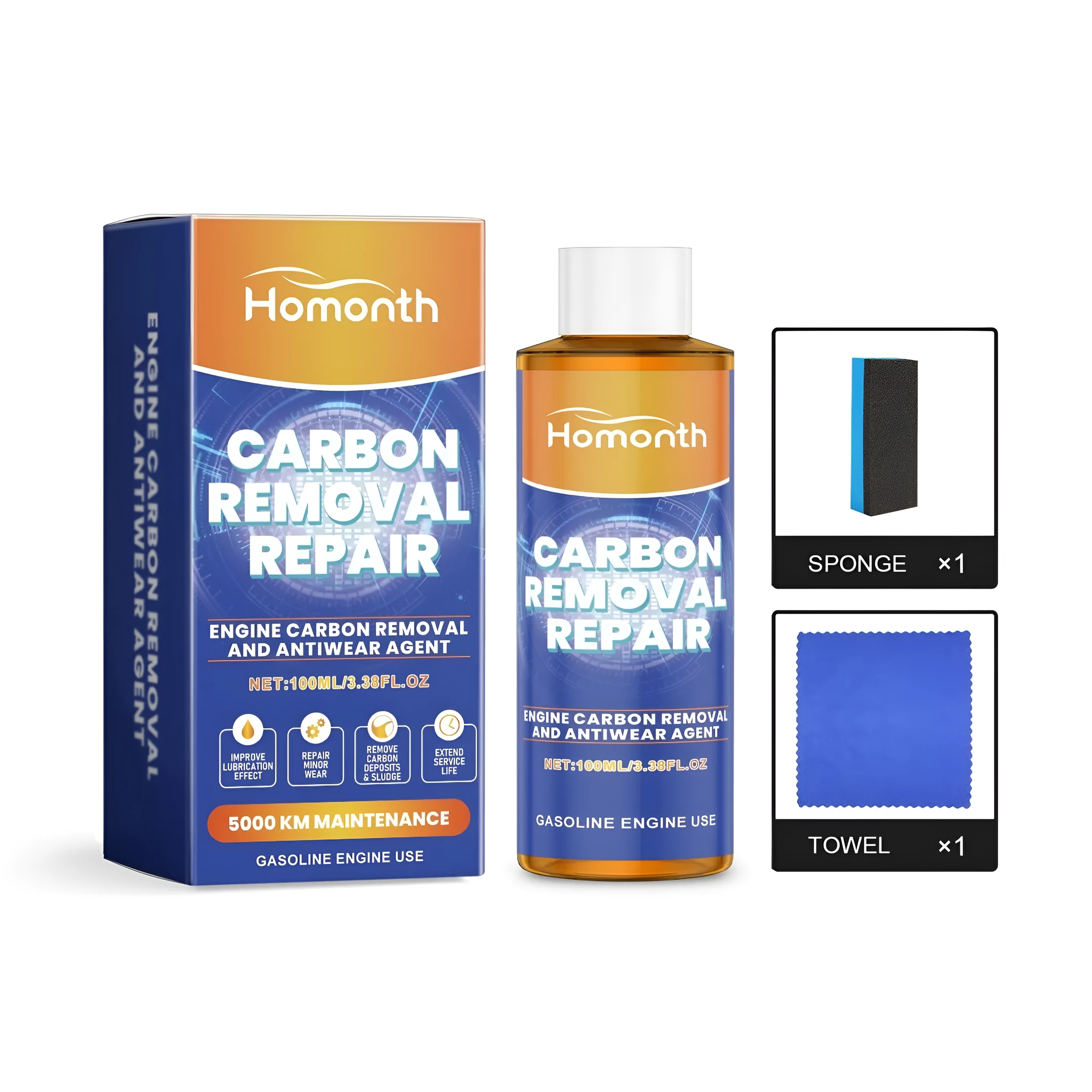 HOMONTH engine decarbonization anti-wear additive 100ml bottle with sponge and towel