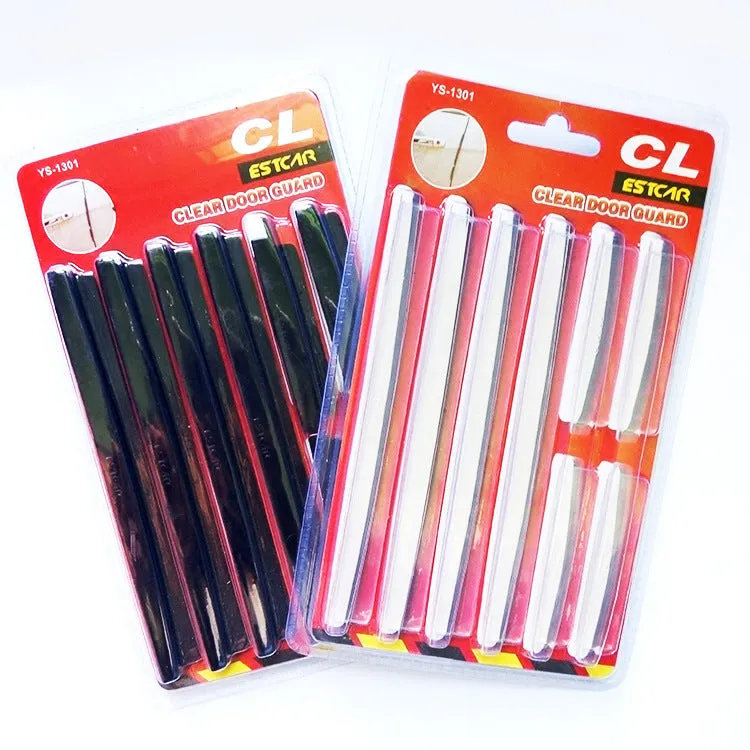 Solid white plastic car door edge protector strip with adhesive backing, shown next to a vehicle door.