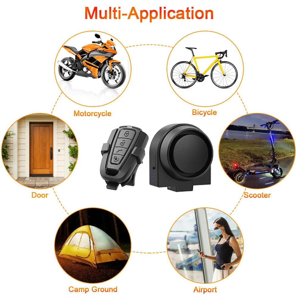 Black ABS rechargeable multifunctional bicycle and motorcycle alarm with remote control and 115dB siren