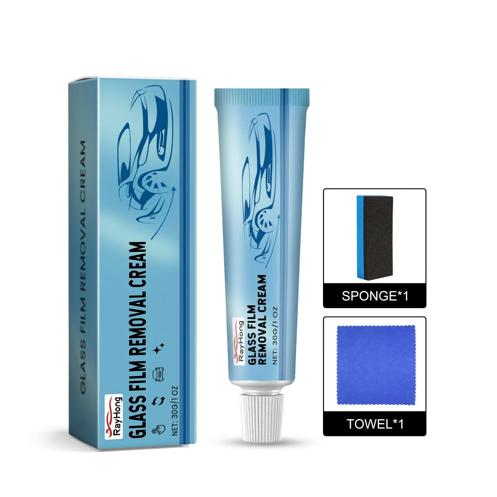 Car glass oil film cleaner 30g bottle with sponge and towel on a windscreen