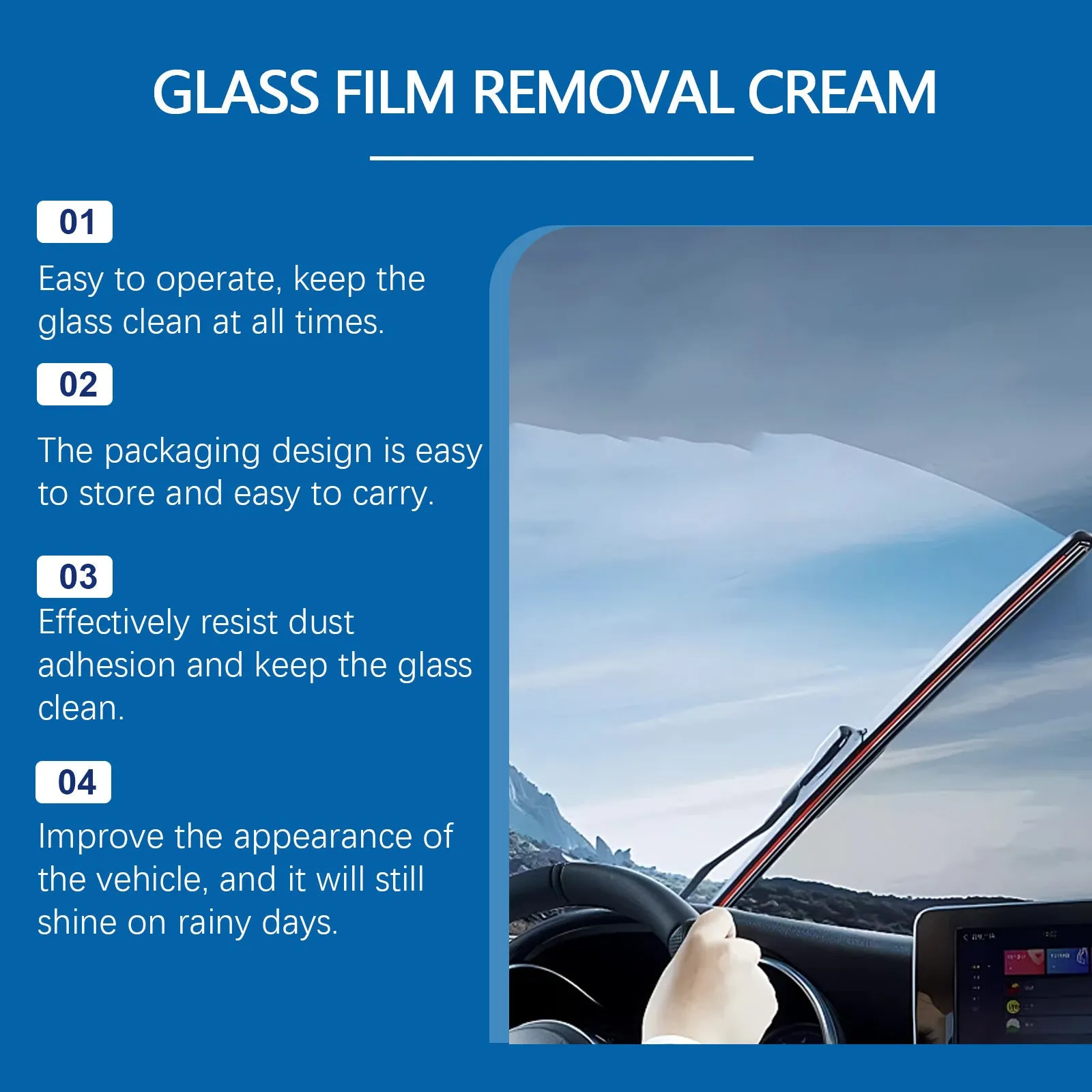 Car glass oil film cleaner 30g bottle with sponge and towel on a windscreen