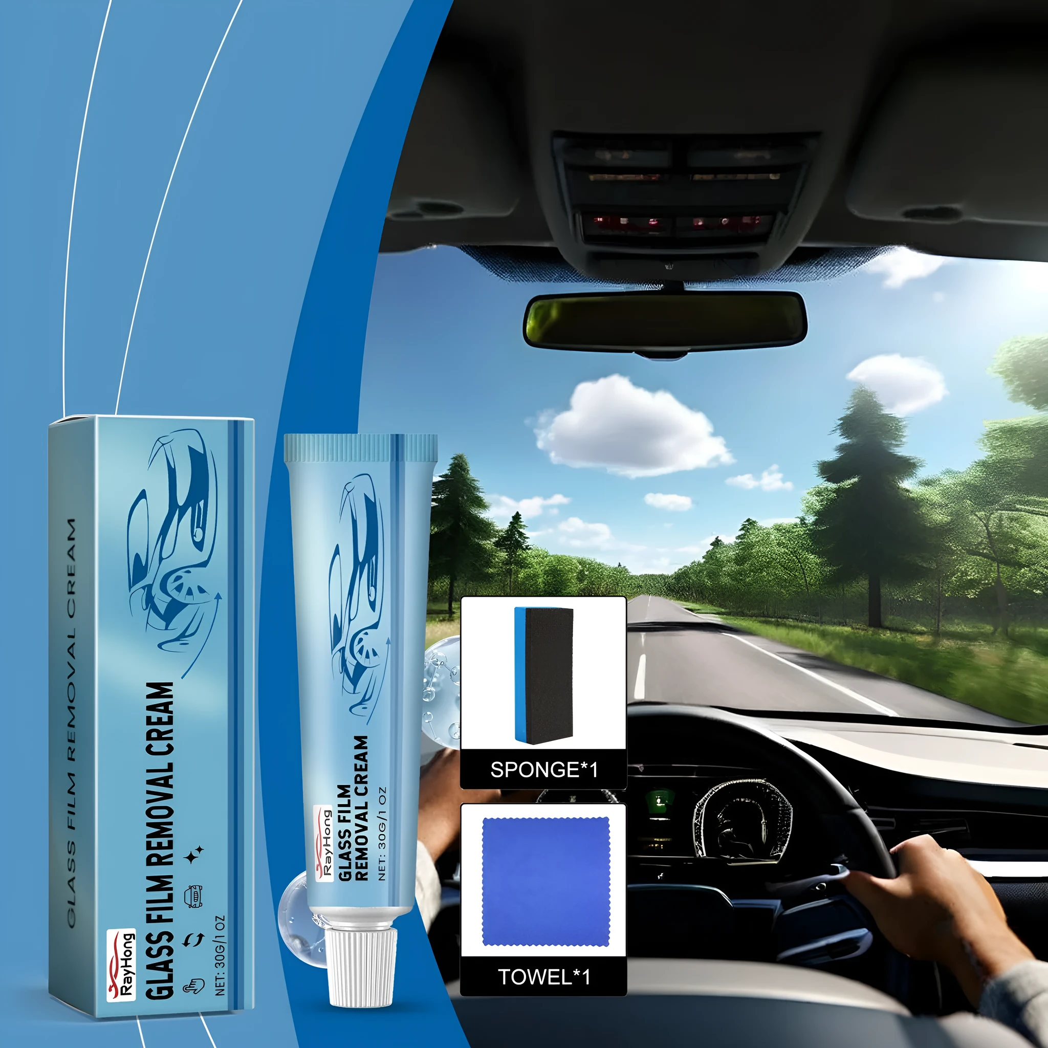 Car glass oil film cleaner 30g bottle with sponge and towel on a windscreen