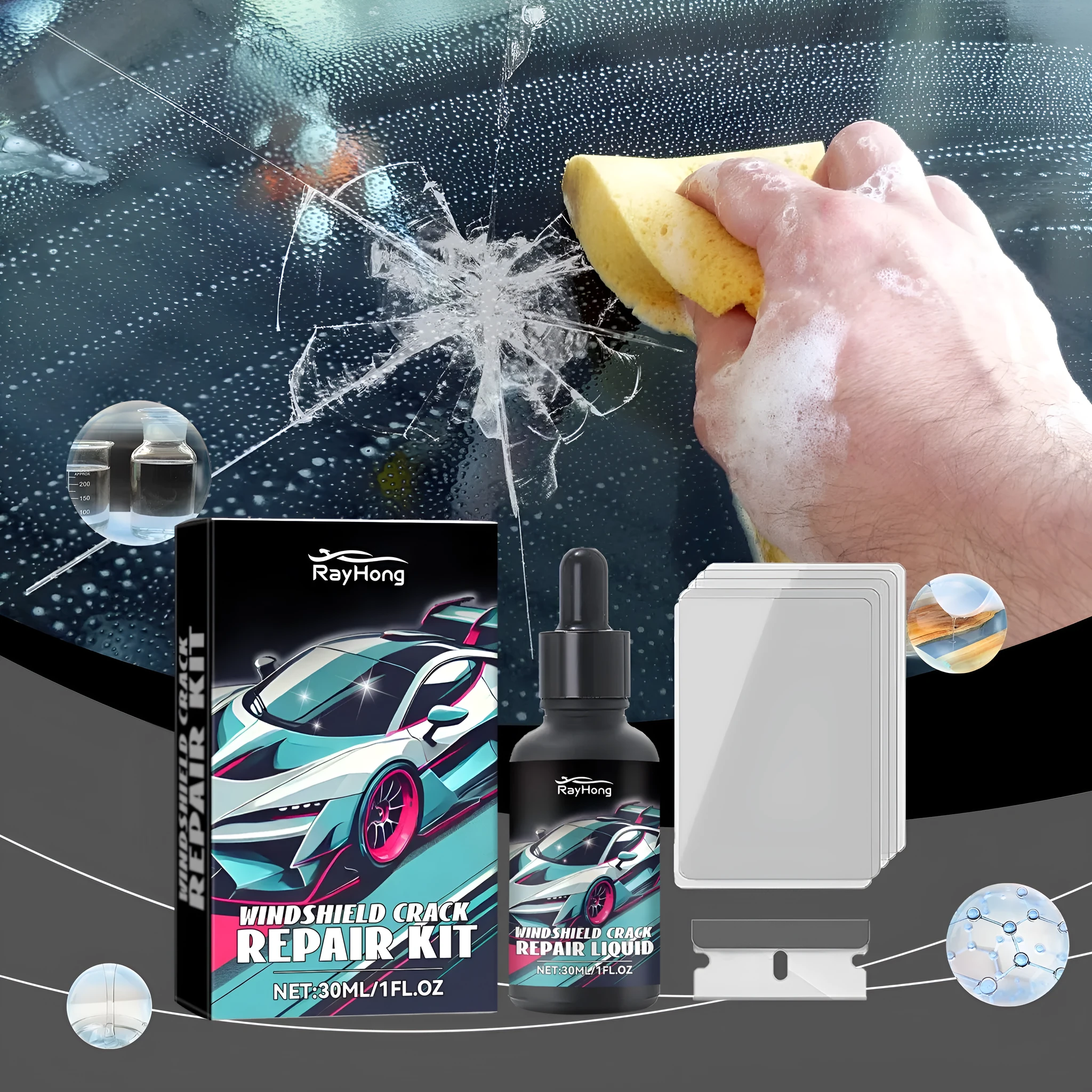 30ml car windshield repair drops kit with blade and curing films for UV-curable windscreen crack repair