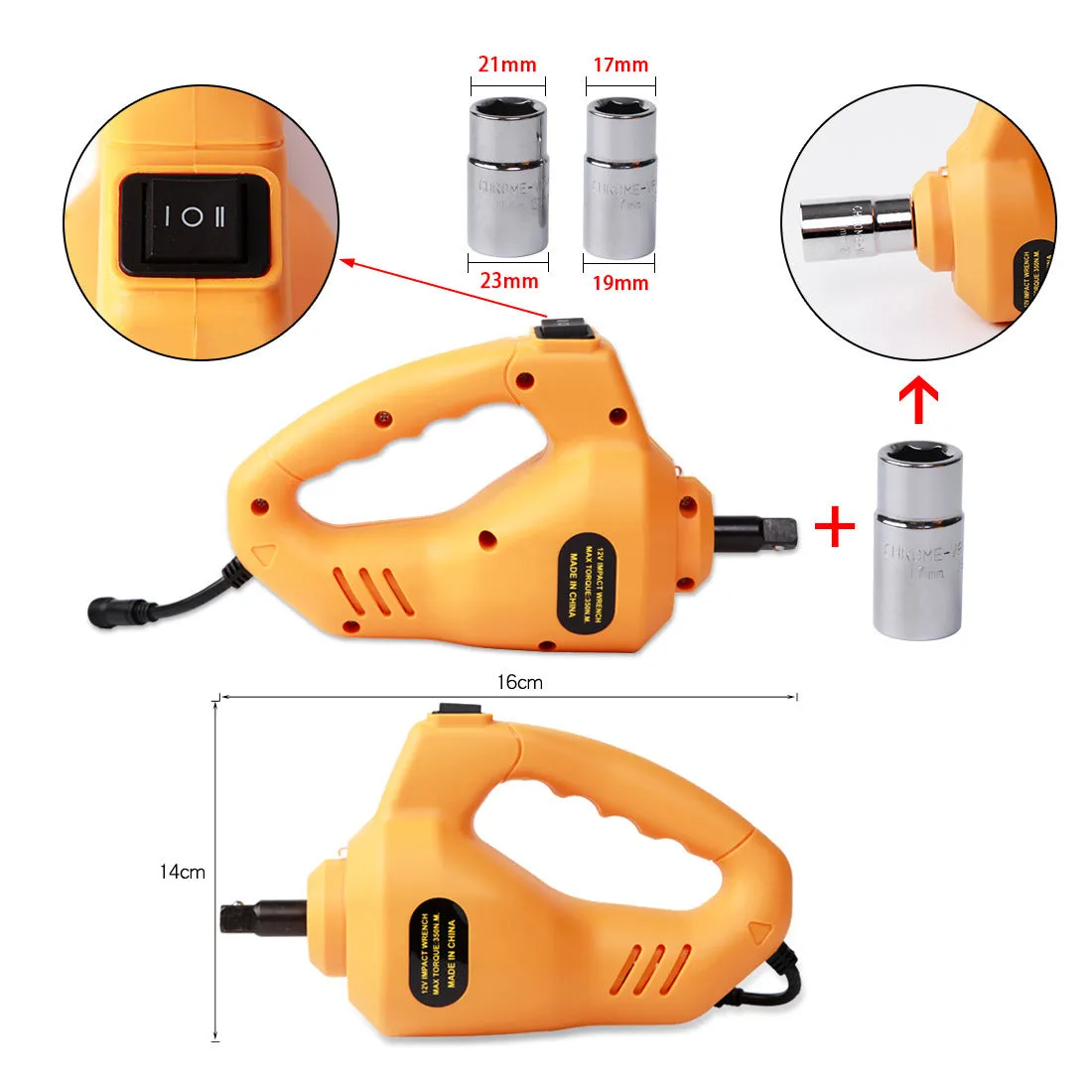 Yellow steel car electric jack set with an integrated electric wrench on a grey background