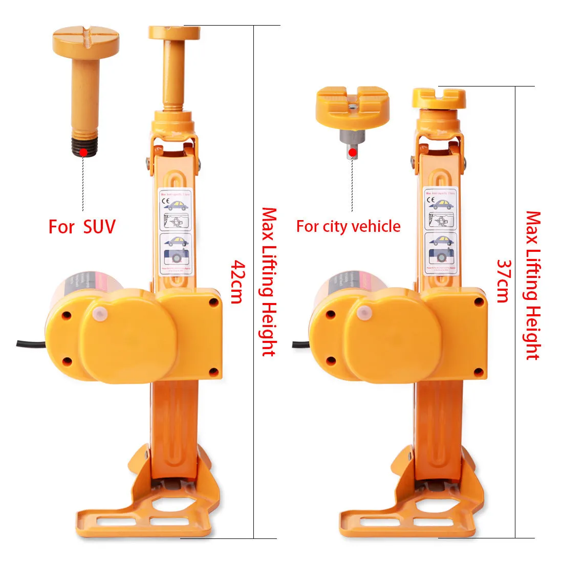 Yellow steel car electric jack set with an integrated electric wrench on a grey background