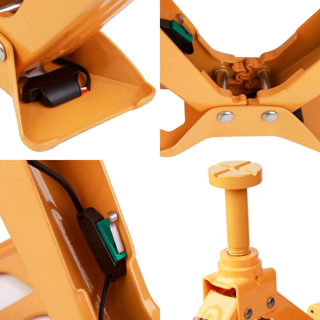 Yellow steel car electric jack set with an integrated electric wrench on a grey background