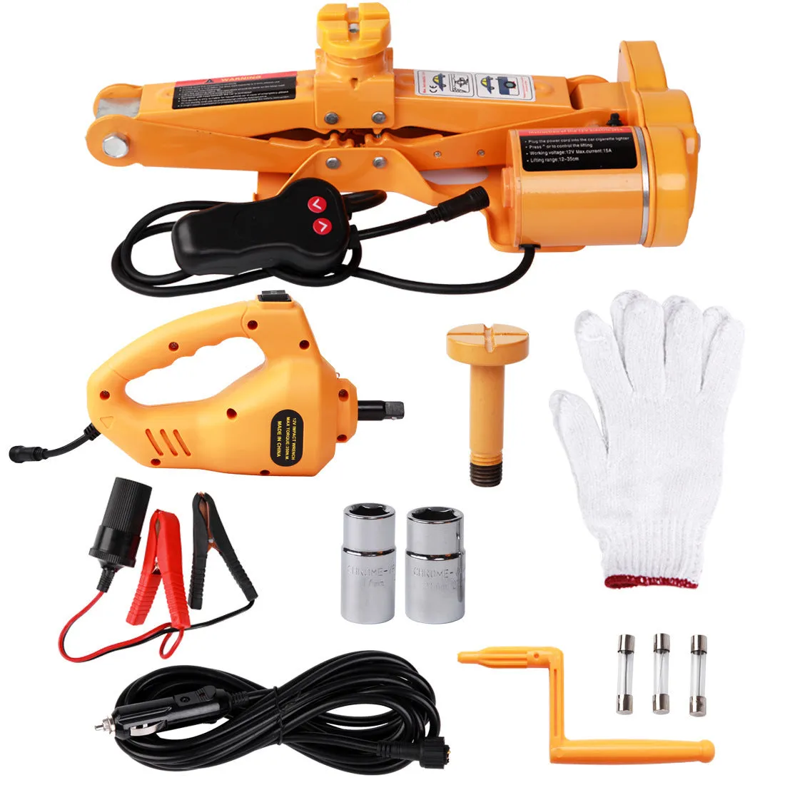 Yellow steel car electric jack set with an integrated electric wrench on a grey background