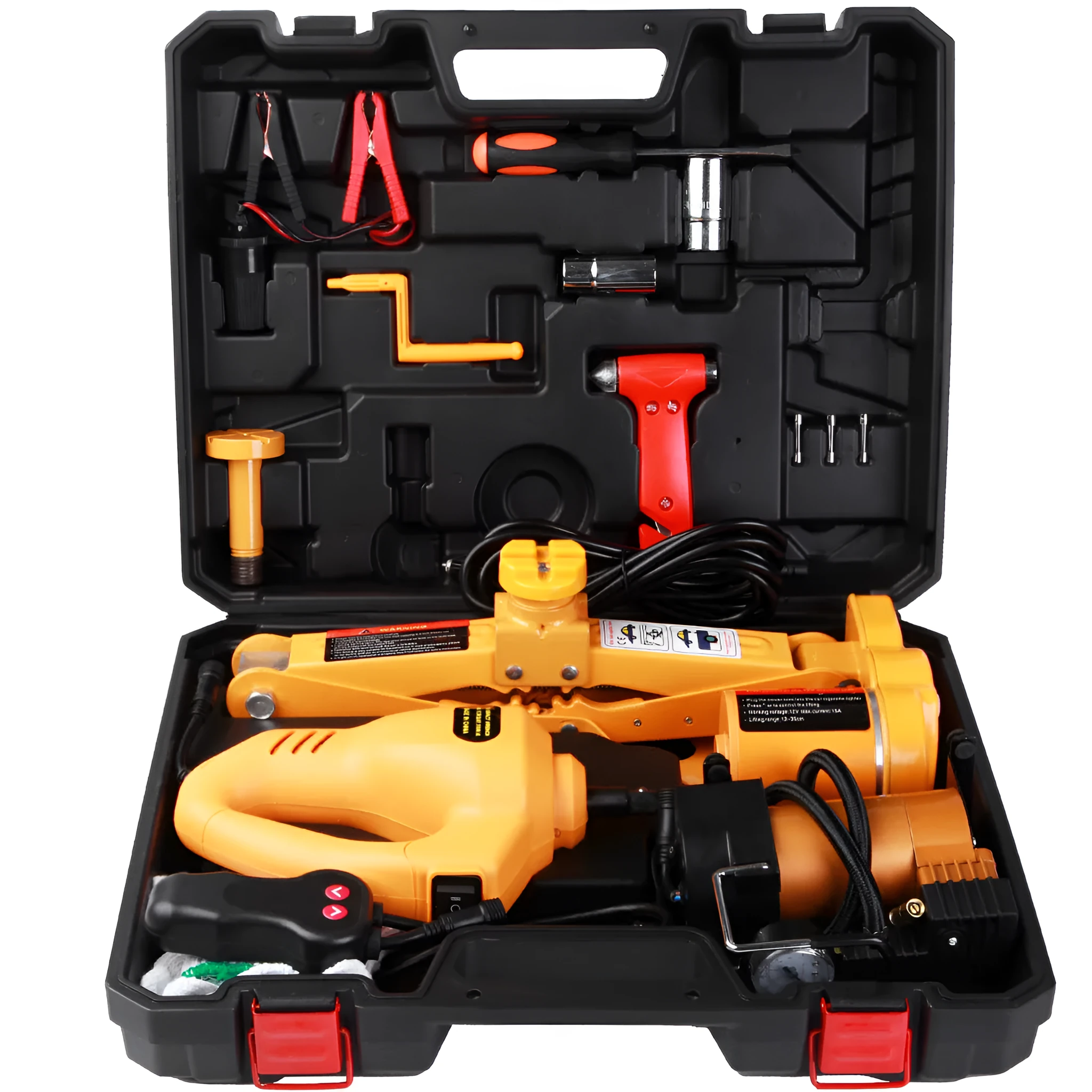 Yellow steel car electric jack set with an integrated electric wrench on a grey background