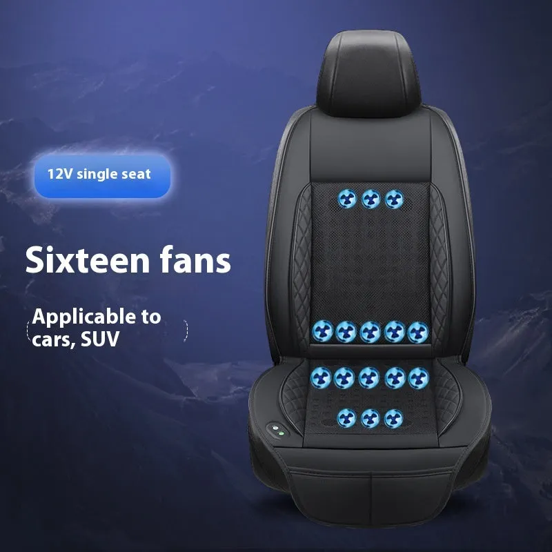 Car ventilation cushion with fan in black mesh design for driving comfort