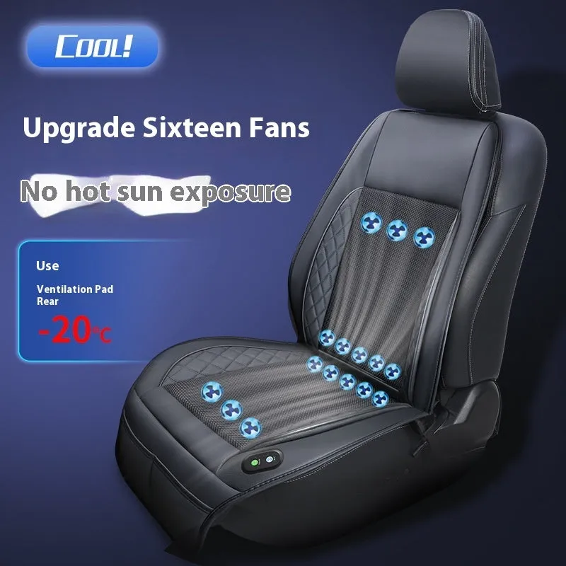 Car ventilation cushion with fan in black mesh design for driving comfort