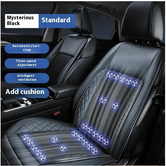 Car ventilation cushion with fan in black mesh design for driving comfort
