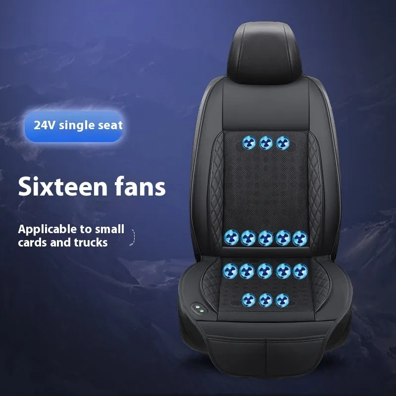 Car ventilation cushion with fan in black mesh design for driving comfort